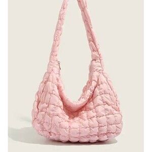 Light Pink Quilted Puffer Shoulder Tote Bag Large Capacity Travel Purse